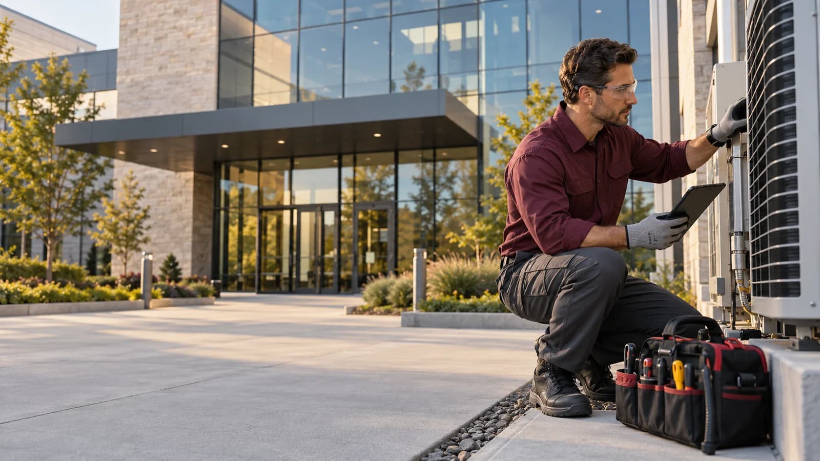 Commercial maintenance professional working outside a modern business property