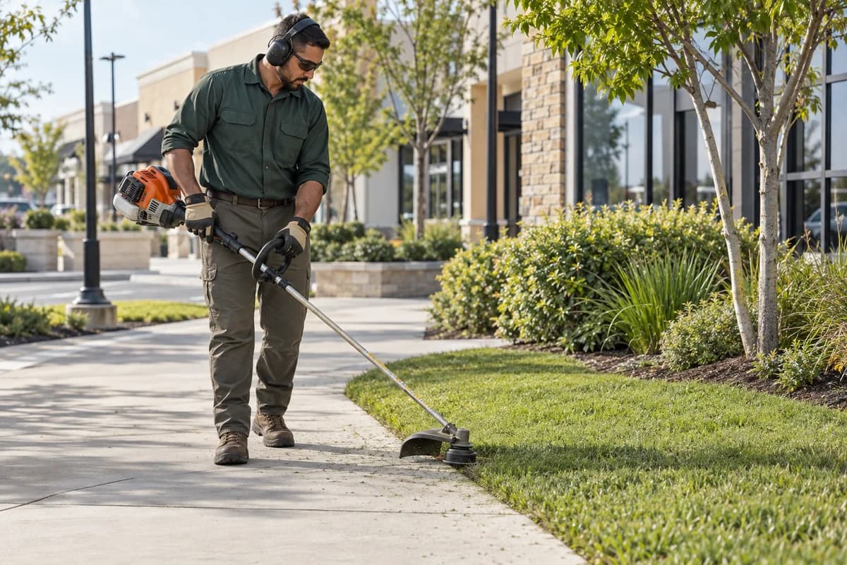 Grounds worker trimming landscaping outside a commercial property