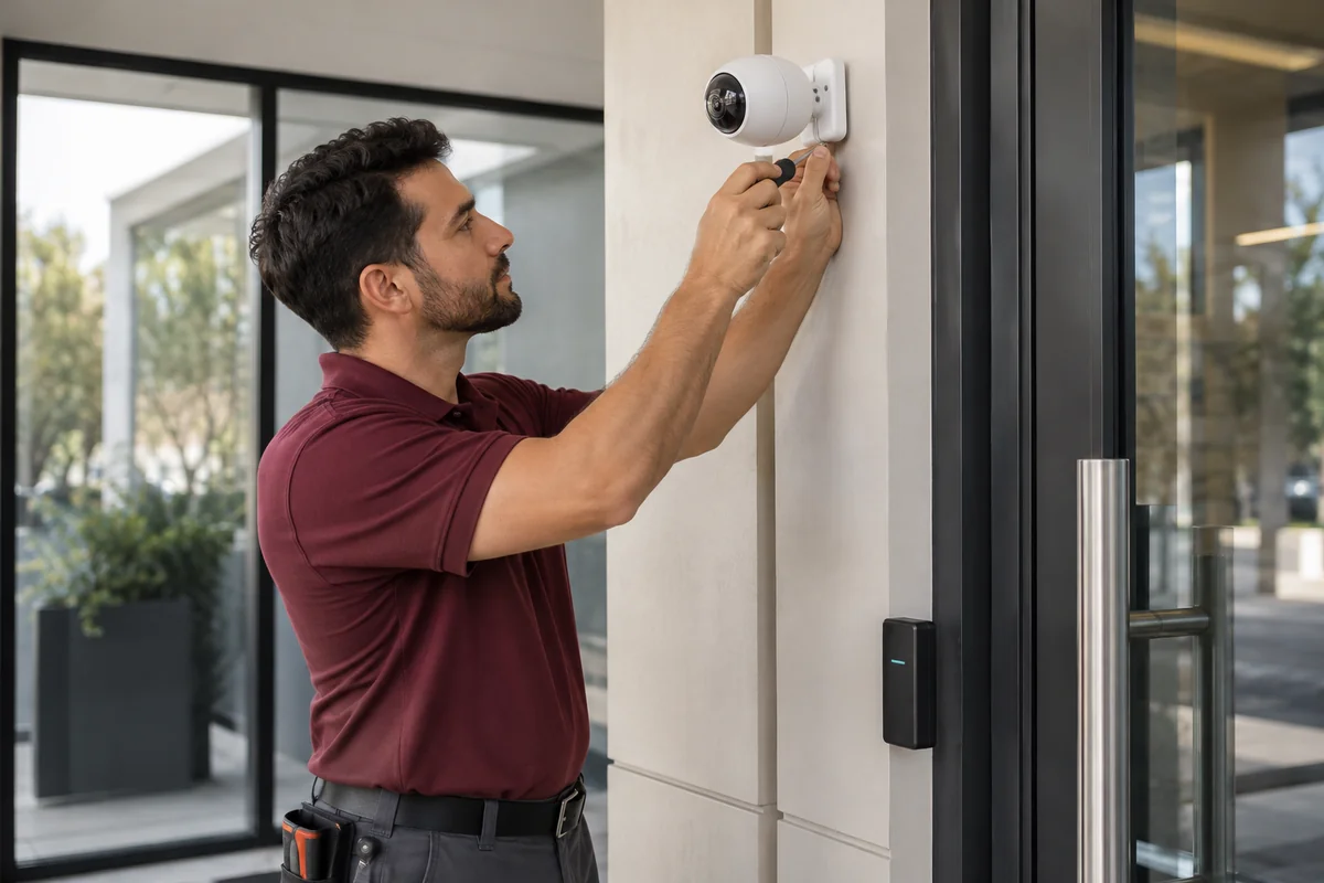 Technician inspecting a commercial surveillance camera installation