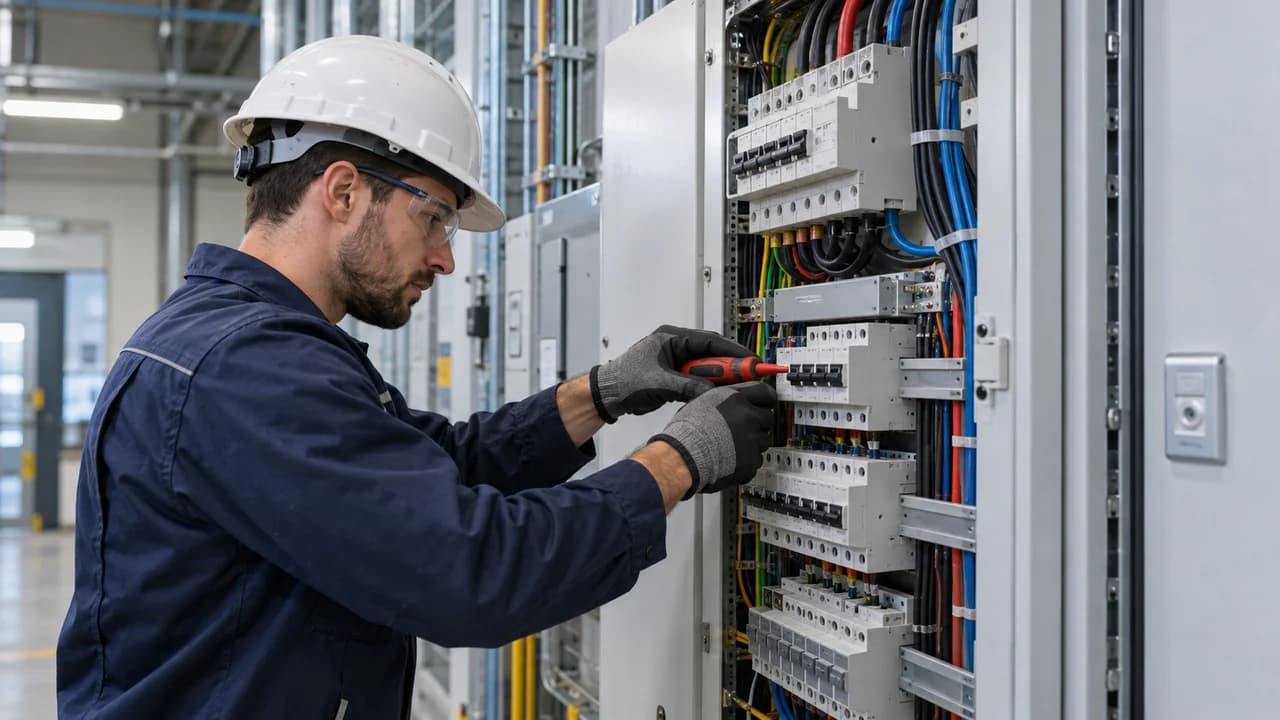 Technician inspecting a building electrical panel