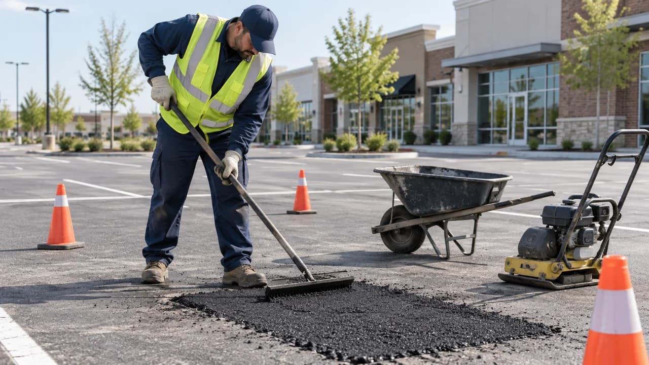 Maintenance technician repairing an exterior ground surface