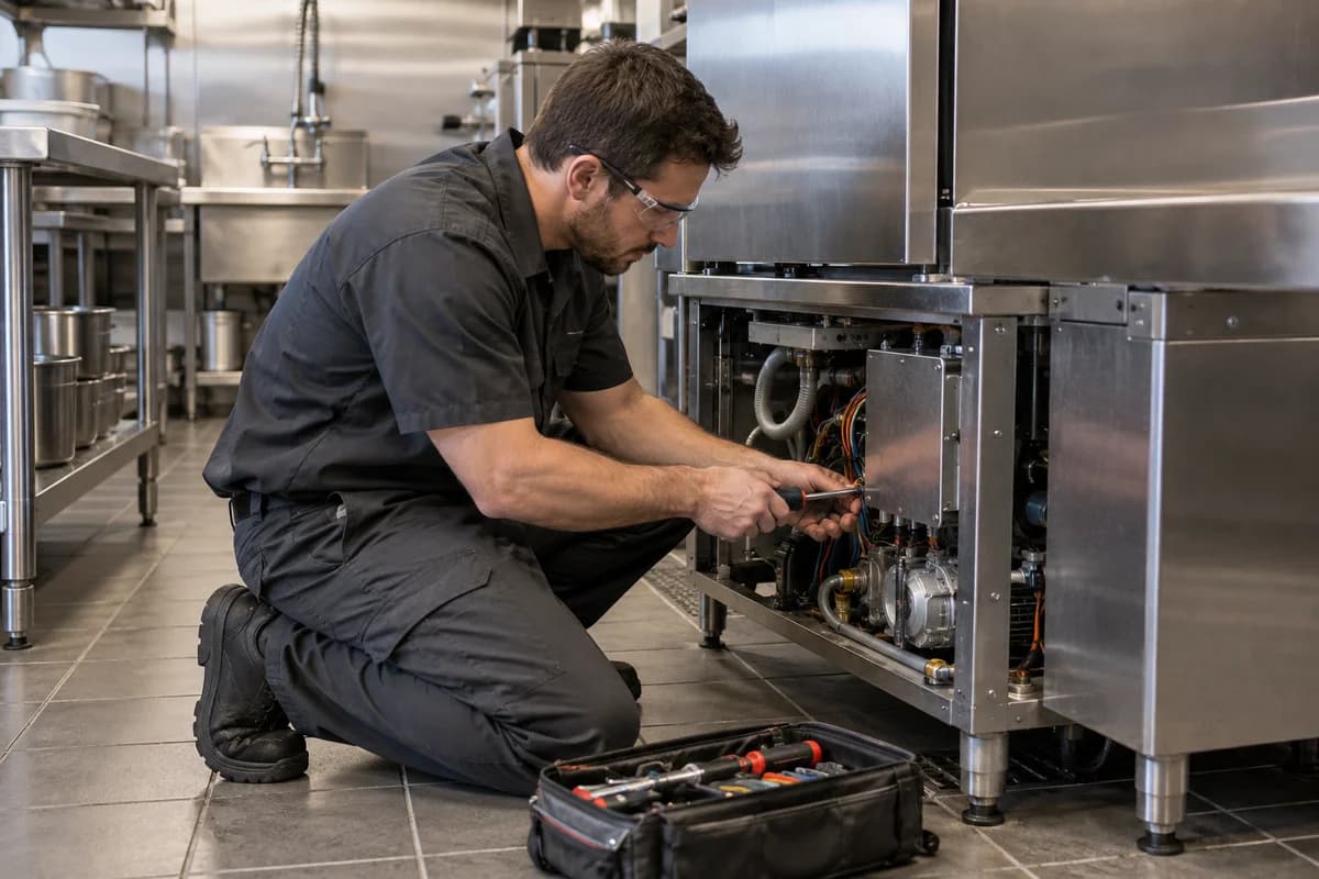 Technician servicing an appliance in a commercial kitchen