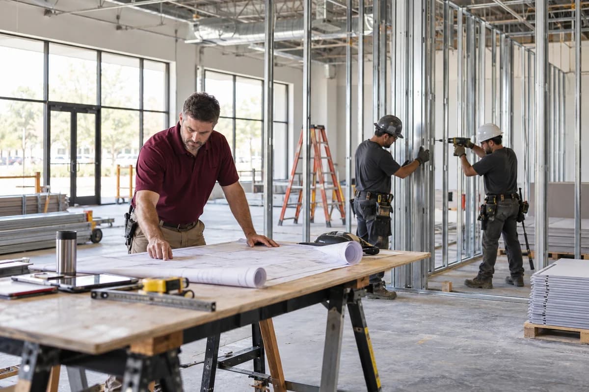 Commercial facility project team reviewing plans in a business property