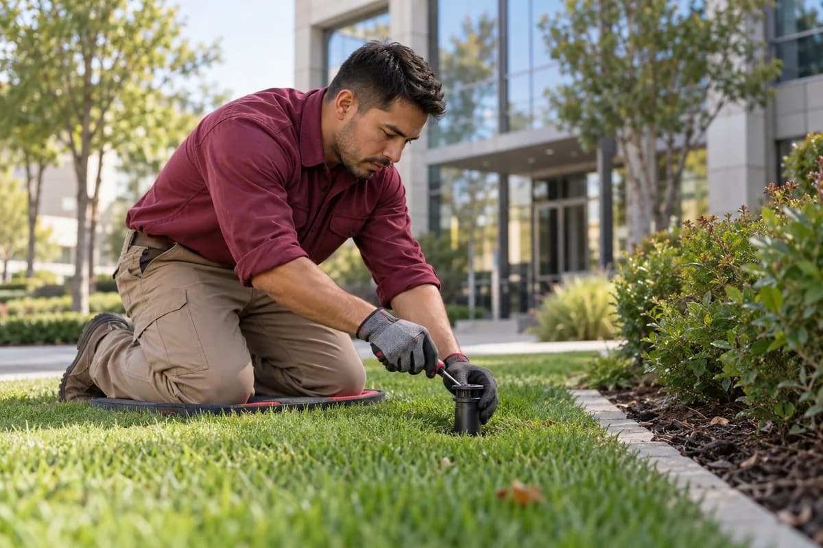 Technician inspecting a sprinkler in landscaped commercial grounds