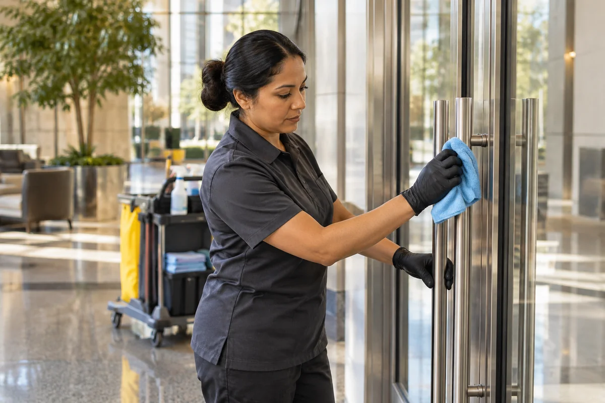 Day porter wiping a high-touch surface in a commercial common area