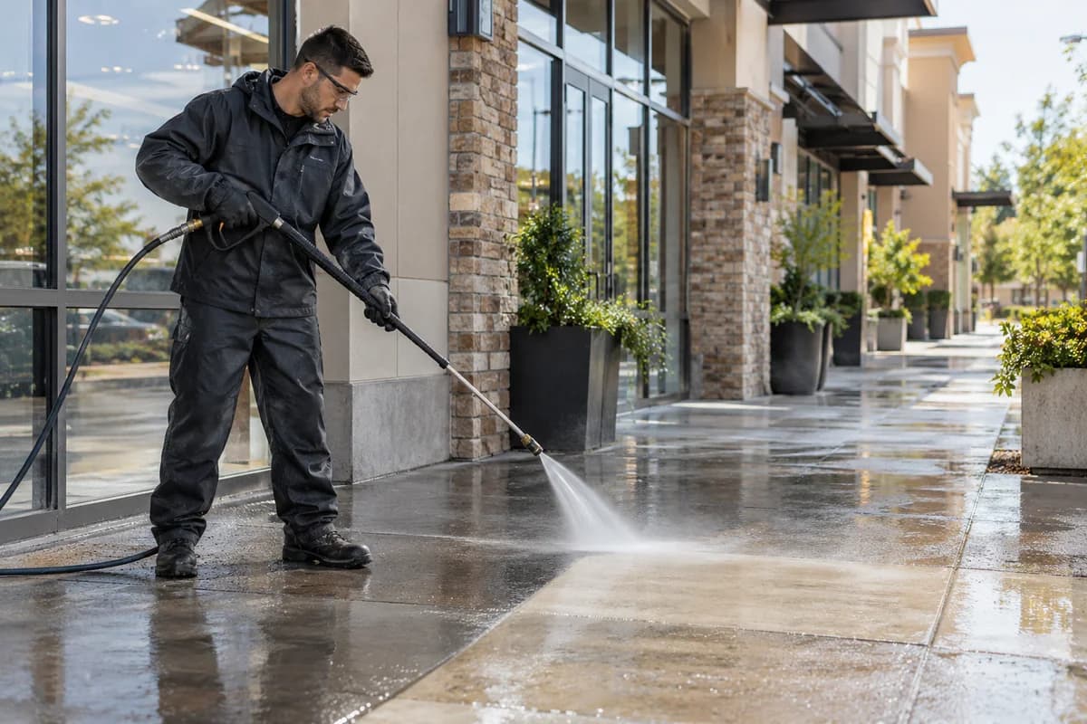 Worker pressure washing an exterior walkway at a commercial property