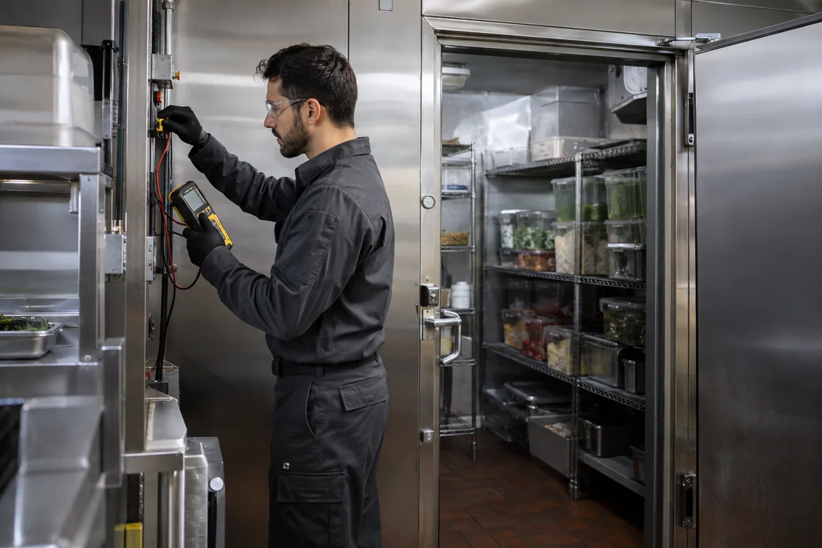 Refrigeration technician inspecting equipment in a commercial walk-in cooler