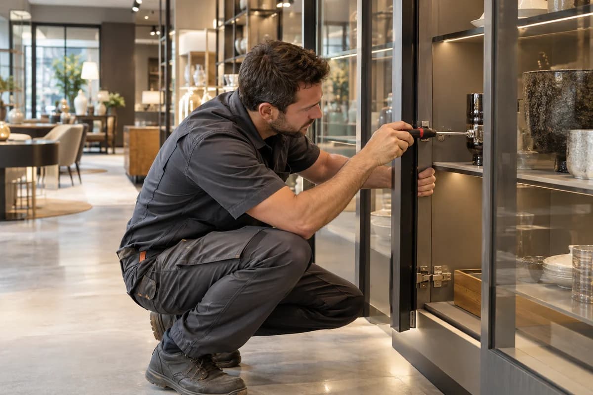 Technician repairing a display fixture in a commercial showroom
