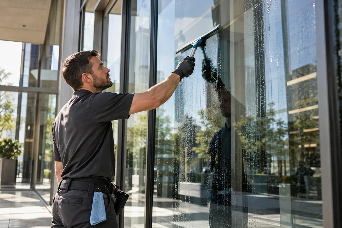 Window cleaner maintaining glass at a commercial office building