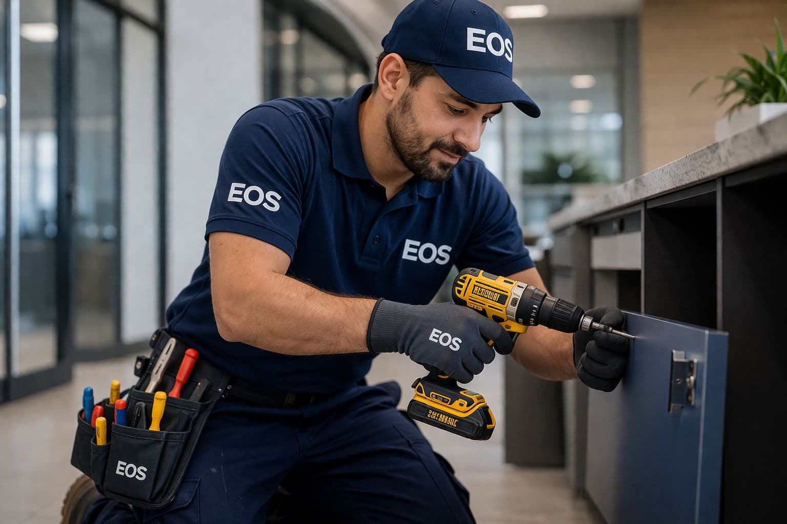Maintenance technician working on a fixture in a commercial interior