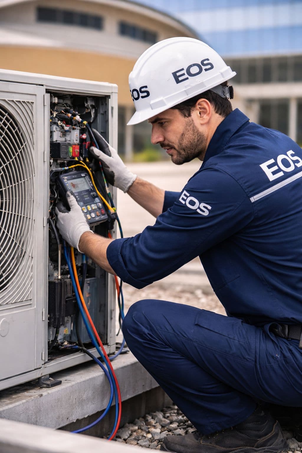 Technician servicing commercial heating and cooling equipment